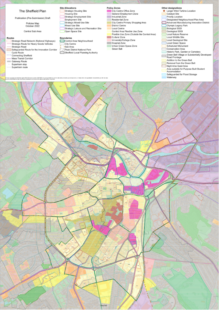 a planning map of sheffield indicating different zones for planning produced as part of the Sheffield Local Plan