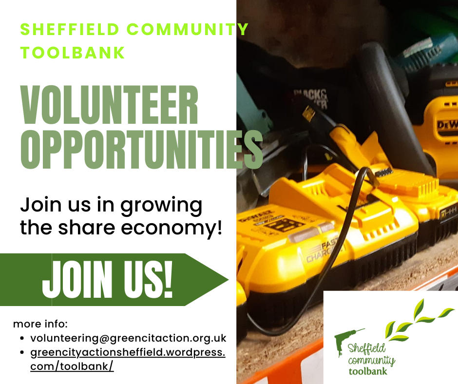 An advert for volunteers to help with the community toolbank at Abbeyfield House, in Sheffield. Help grow the sharing economy!