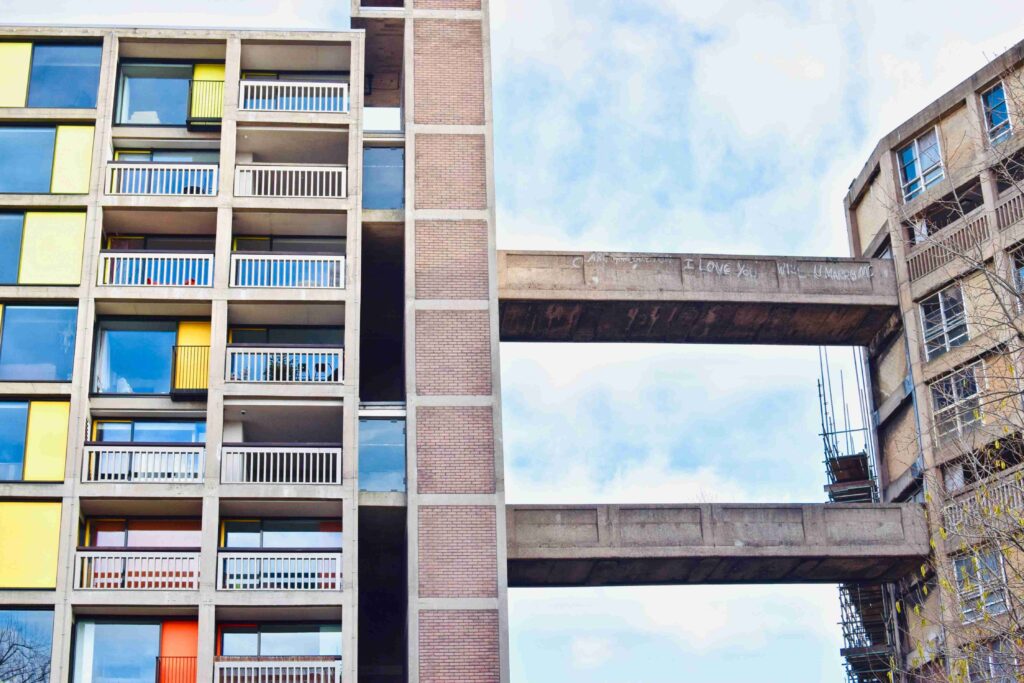 An image of Park Hill Flats in Sheffield, showing the iconic walkways, taken by Benjamin Elliot on Unsplash