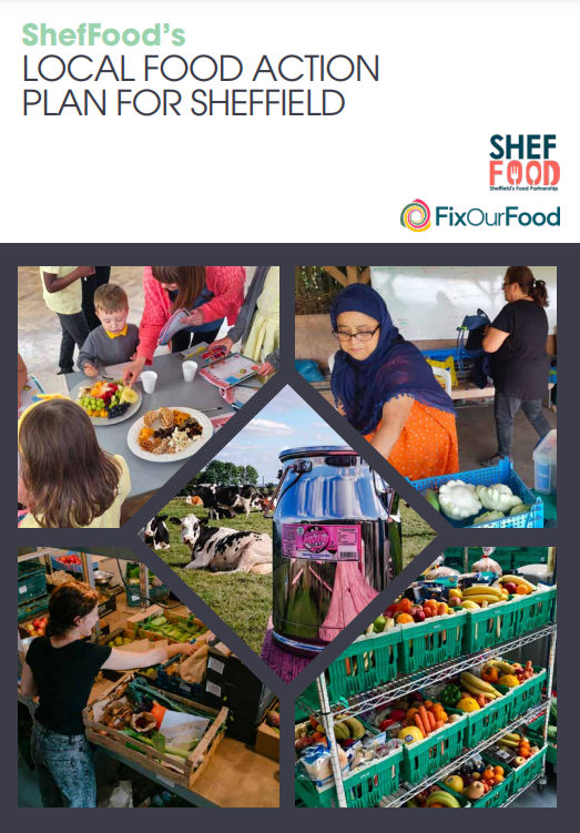 A picture of the front cover of the ShefFood Local Food Action Plan for Sheffield, which aims to make the food system in Sheffield fairer and more sustainable.