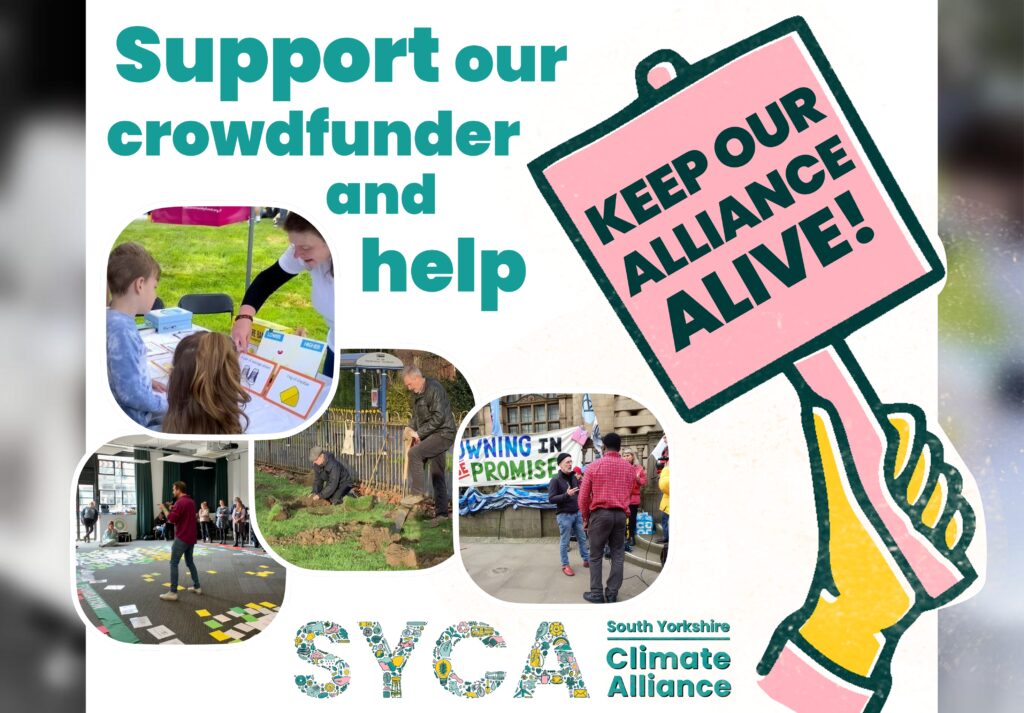 Composite Image includes a hand-drawn hand holding a placard reading "keep our alliance alive", 4 smaller photos of activities of the alliance - public engagement, the doughnut economics day, community gardening, climate protest - with text reading "support our crowdfunder".