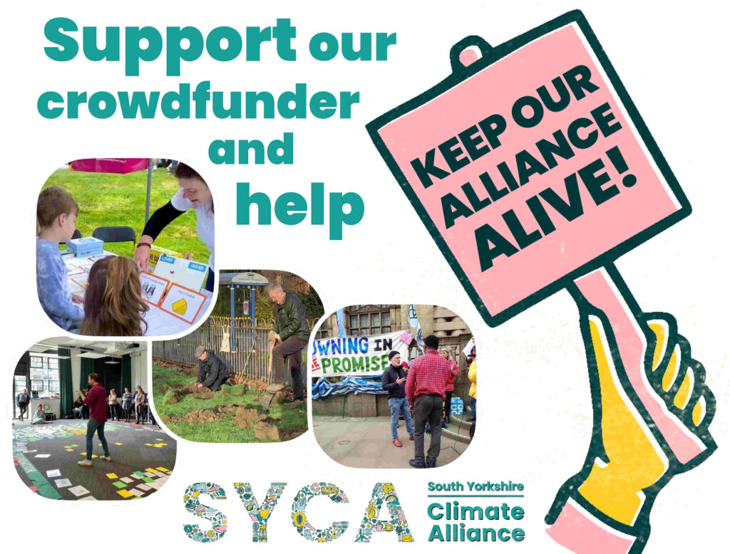 Composite Image includes a hand-drawn hand holding a placard reading "keep our alliance alive", 4 smaller photos of activities of the alliance - public engagement, the doughnut economics day, community gardening, climate protest - with text reading "support our crowdfunder".