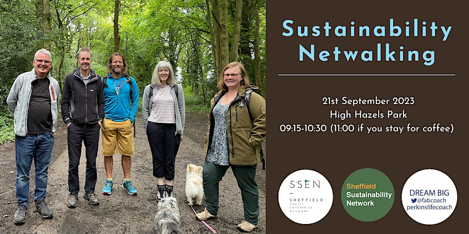 Five people and two dogs standing on a footpath in woodland, facing the camera, set next to text giving the details for the Sustainability Netwalking September event