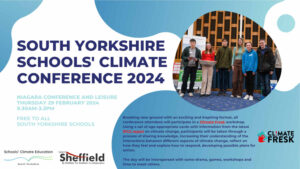 Advert for the schools climate conference 2024 - mostly text with small image of students standing on stage at the 2023 conference